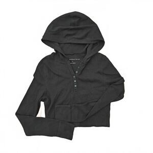 Aeropostale Black Waffle Knit Hoodie Women’s Large Lightweight Henley Pullover